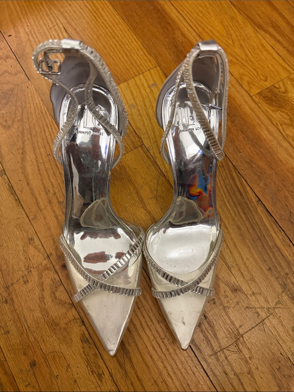 Jennifer Lopez Metallic Silver Pointed Ankle-Strap Heels
